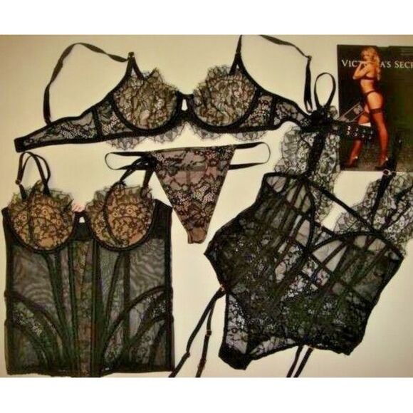 Victoria's Secret unlined 34B BRA SET+CORSET+garter TEDDY Black lace chantilly